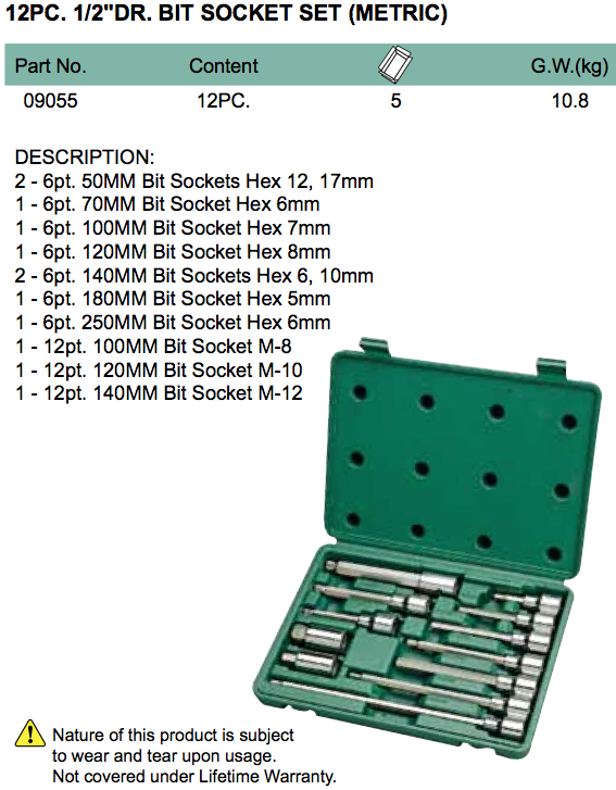 SATA 09055 Bit Socket Set 12pc, 1/2", Metric